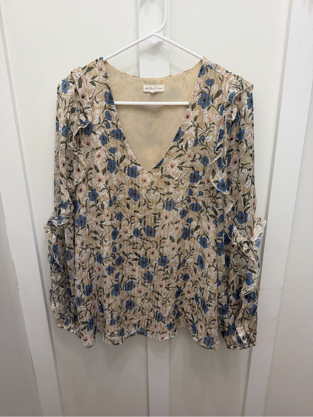 Light Beige Floral V-Neck Blouse with Blue Accent
